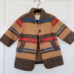 Banana Republic, Striped Wool-Blend Coat - Tan with Blue & Red Stripes